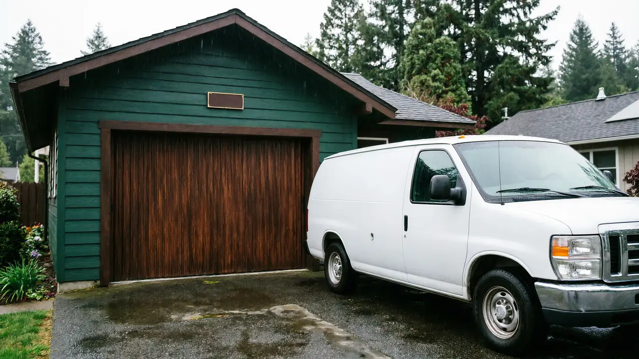 A white van is parked in front of a green garage with a wooden door.
