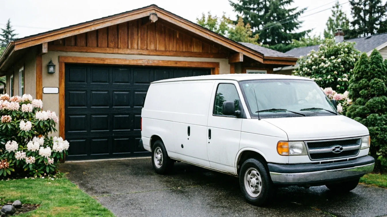 A white van is parked in a driveway in front of a house with a black garage door.