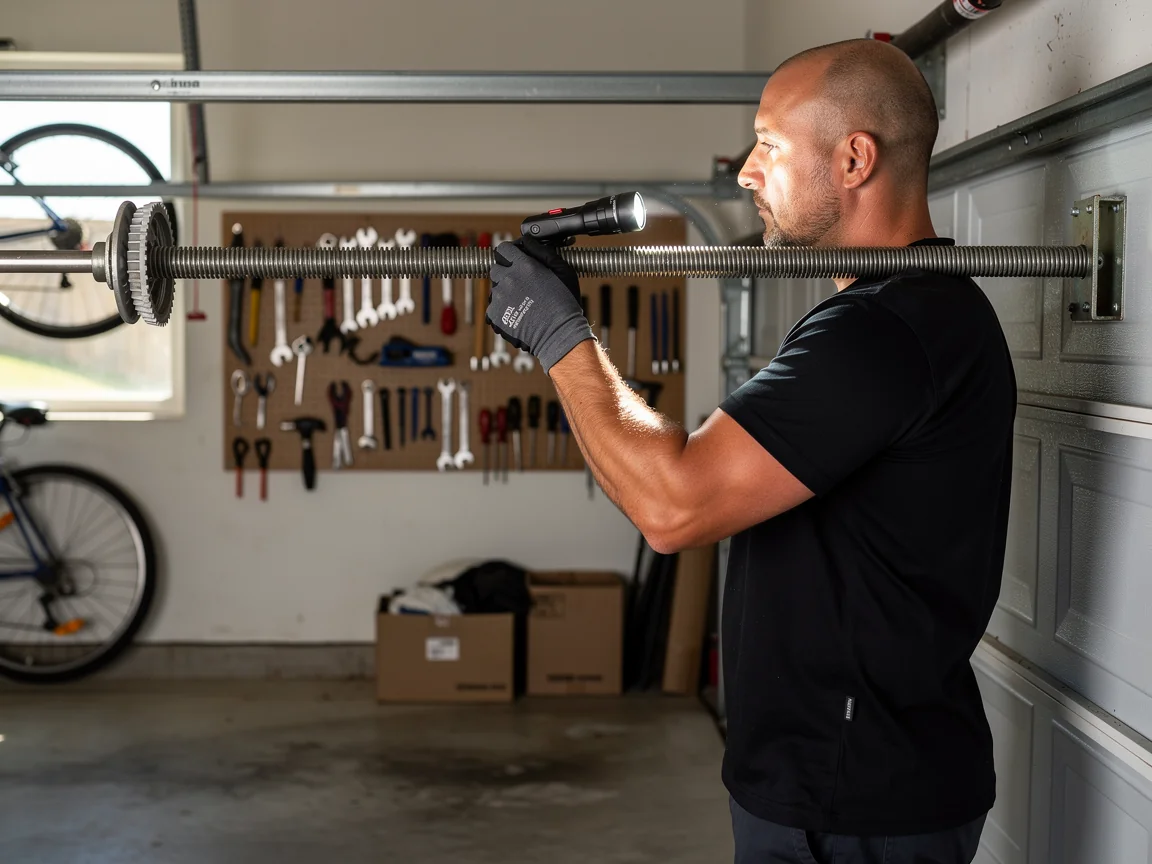 A technician holds a flashlight to inspect a garage door torsion spring.