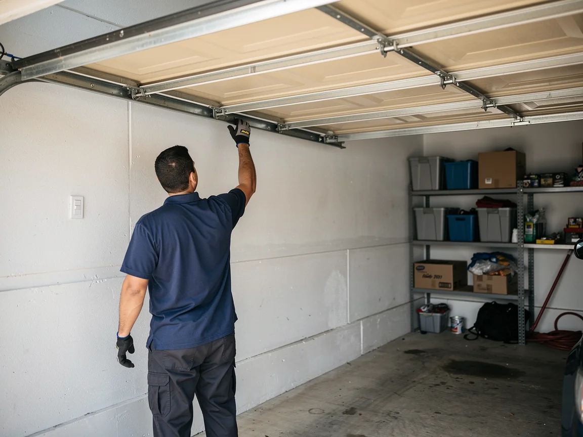 A technician in a blue shirt and black gloves adjusts the garage door.