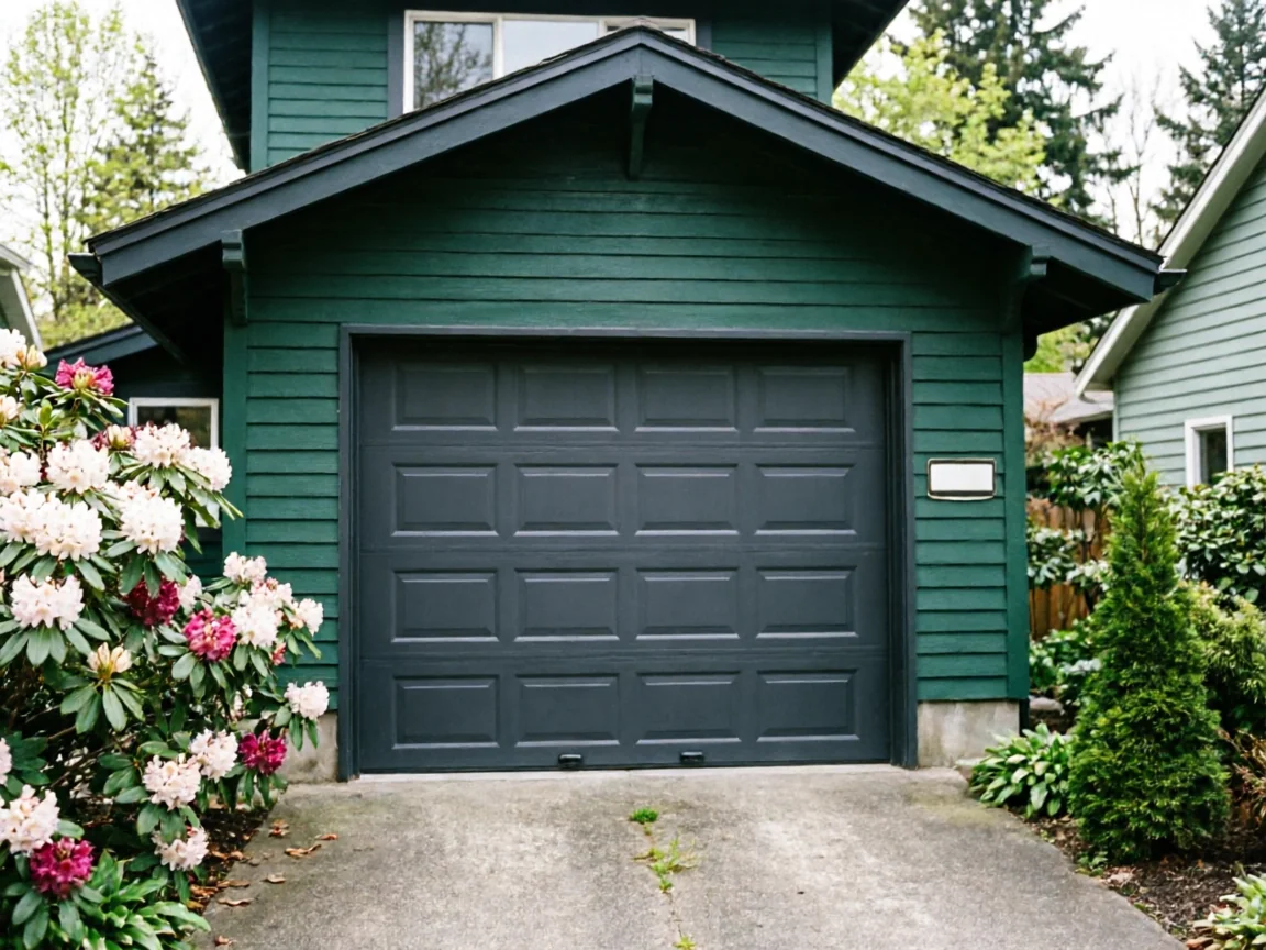 A dark gray garage door is on a green house with flowering bushes.
